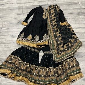Elegant Black and Gold Embroidered Anarkali with Garara